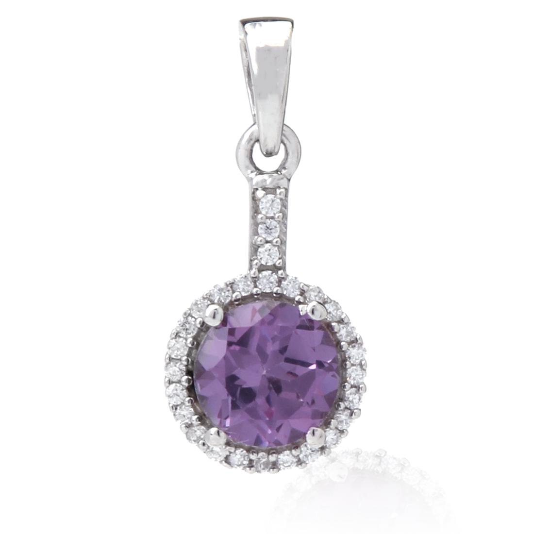 Sterling Syn Purple Alexandrite & Zircon Pendant: Sterling Syn Purple Alexandrite & Zircon Pendant • Metal: Sterling Silver • Stone: Syn Alexandrite &White Zircon • Dimensions: 25.33X11.41 Mm • Total Weight: 2.43 Grs • F