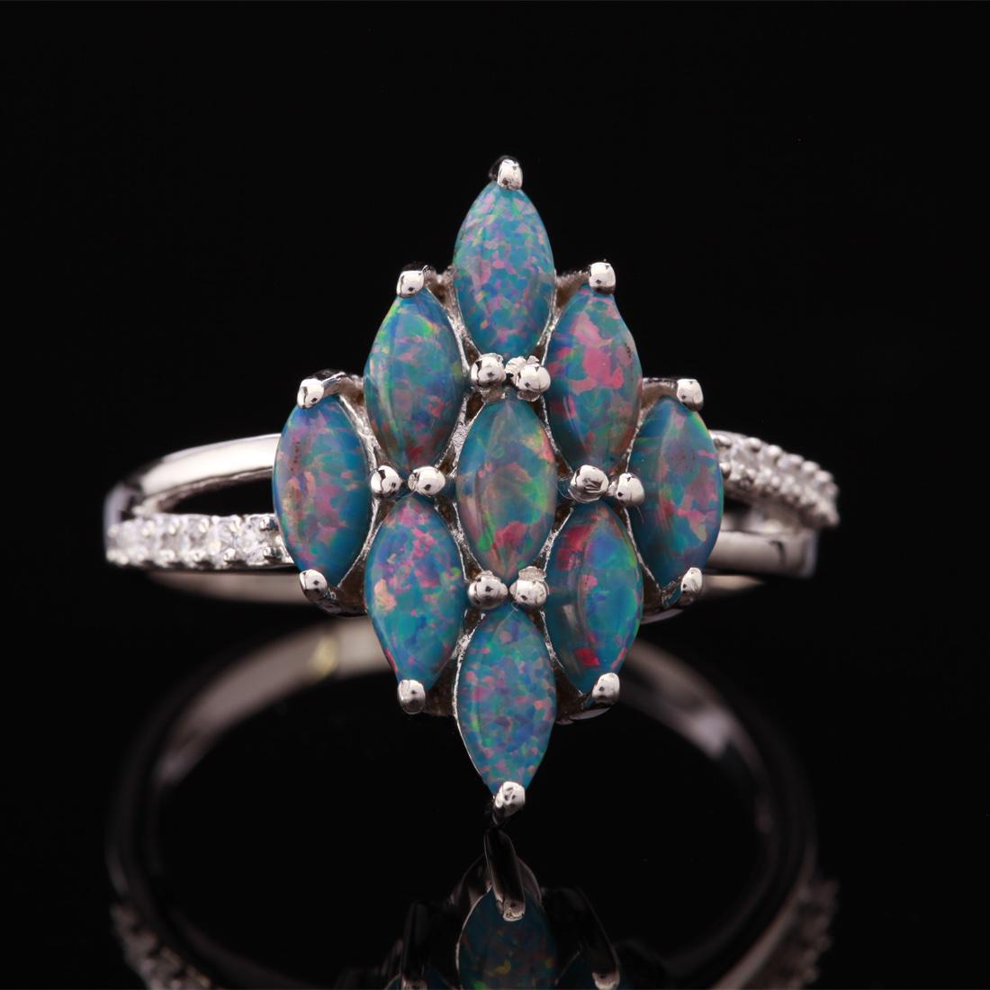 Size 9 Sterling Marquise Syn Opal Cluster Ring (1 of 3)