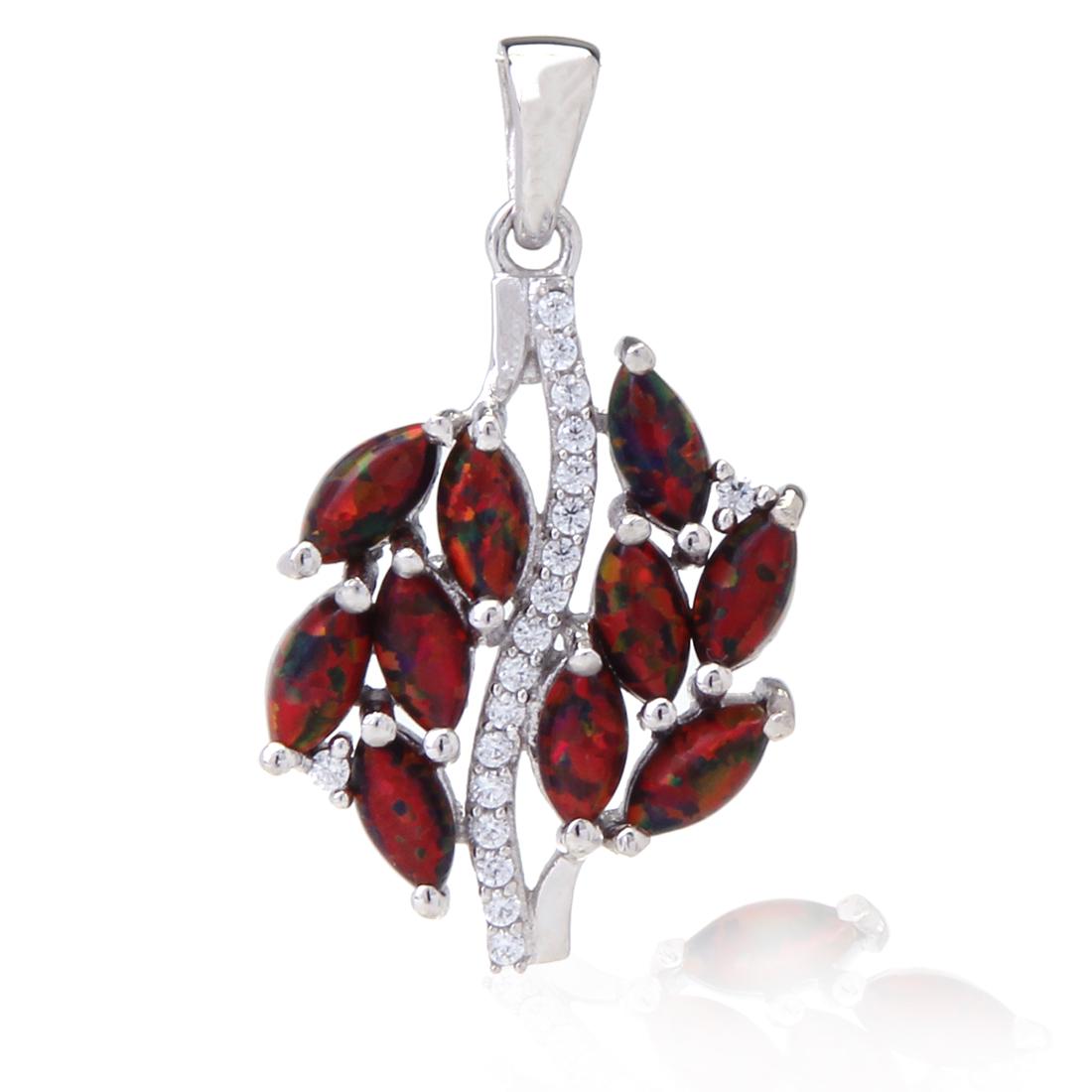 Sterling Silver Fire Red Syn Opal Zircon Pendant: Sterling Silver Fire Red Syn Opal Zircon Pendant • Metal: Sterling Silver • Stone: Syn Red Opal& White Zircon • Dimensions: 29.45X17.75Mm • Total Weight: 2.54Grs • Finish