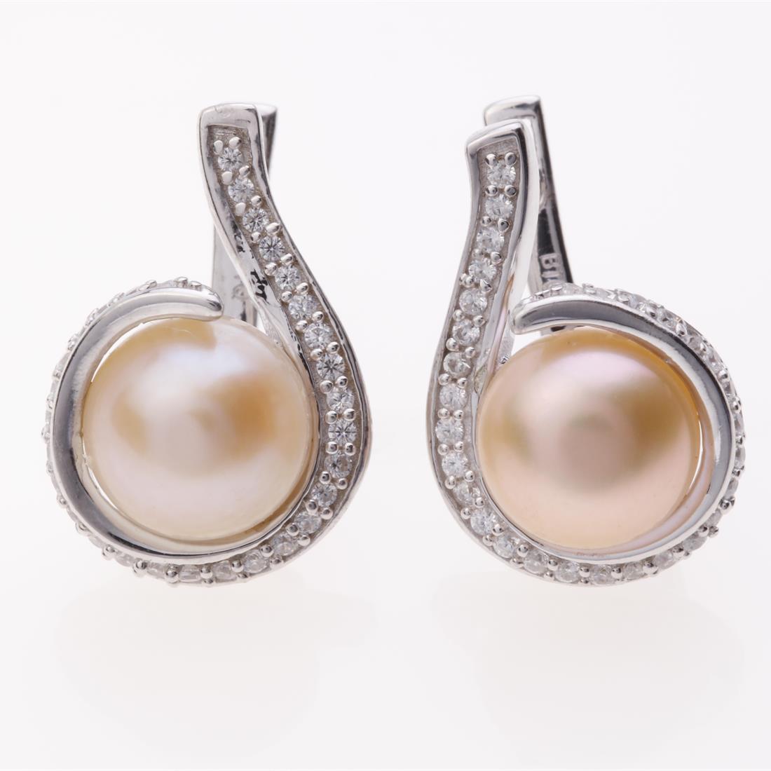 Pearl & Zircon Swirl Sterling Silver Earrings: Pearl & Zircon Swirl Sterling Silver Earrings .Metal: Sterling Silver .Stone: 10 Mm Rd Ivory Pearl&Zircon .Dimension: 20.4X13.9Mm .Total Weight: 8.03 Grams .Finish: Rhodium .Backing: French Clip