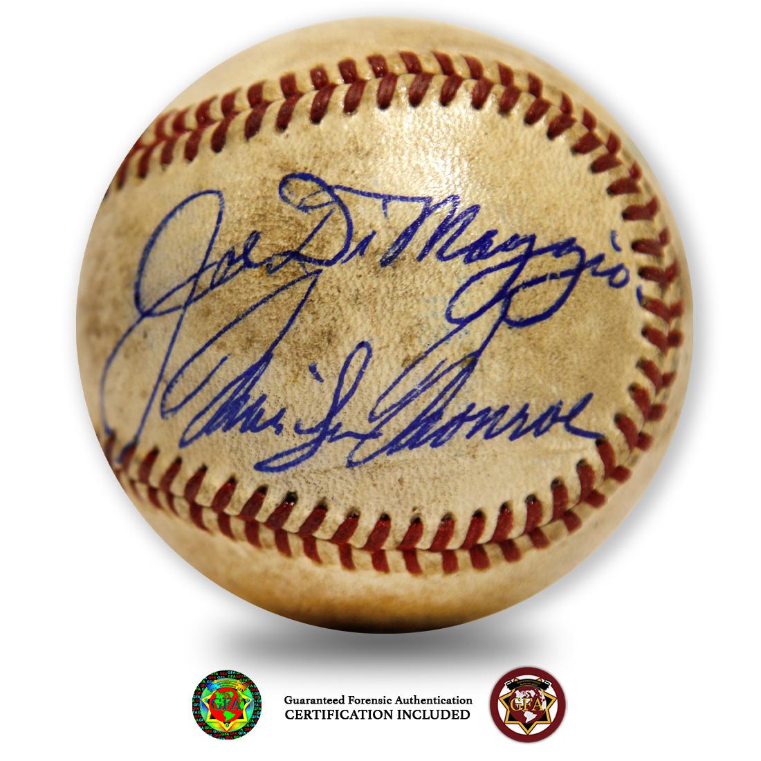 DiMAGGIO & MONROE SIGNED RED STITCHED BASEBALL: Marilyn Monroe (June 1, 1926â€“August 4, 1962) and Joe DiMaggio (November25, 1914â€“March 8, 1999). Clear, Crisp, Bold signatures of Joe DiMaggio and Marilyn Monroe on moderately toned unmar