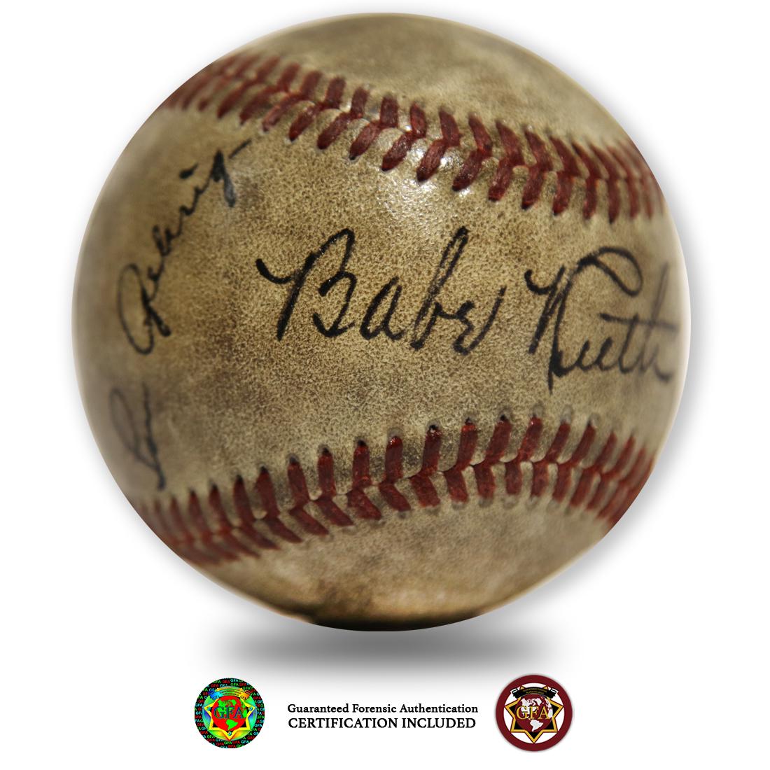 BABE RUTH & LOU GEHRIG SIGNED RED STITCHED BASBALL: Babe Ruth (1895-1948) and Lou Gehrig(1903-1941) signed Unmarked Red Stitched baseball signed by two of the New York Yankees Bronx Bombers. Both signatures are crisp clear and boldy signed in black ink