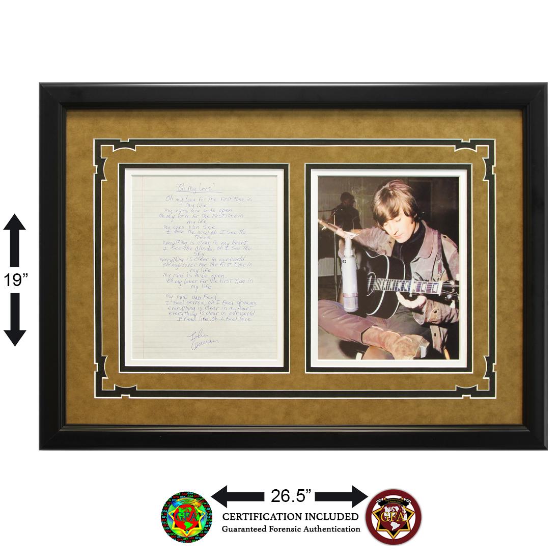 JOHN LENNON SIGNED HANDWRITTEN LYRICS OH MY LOVE: John Lennon(October 9, 1940â€“December 8, 1980)John Lennon signed 8 ½ x 11 Lyric Sheet, â€œOh My Love.” Signed in blue ink, below the lyrics. This song was written by John Lennon