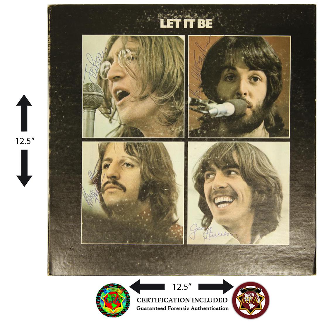 THE BEATLES SIGNED LP COVER “LET IT BE”: The Beatles (1960-1970). The Beatles, George Harrison, Paul McCartney, Ringo Starr and John Lennon signed LP Cover. Four Crisp signatures of the Fab Four across the front of the album cover. Let It Be
