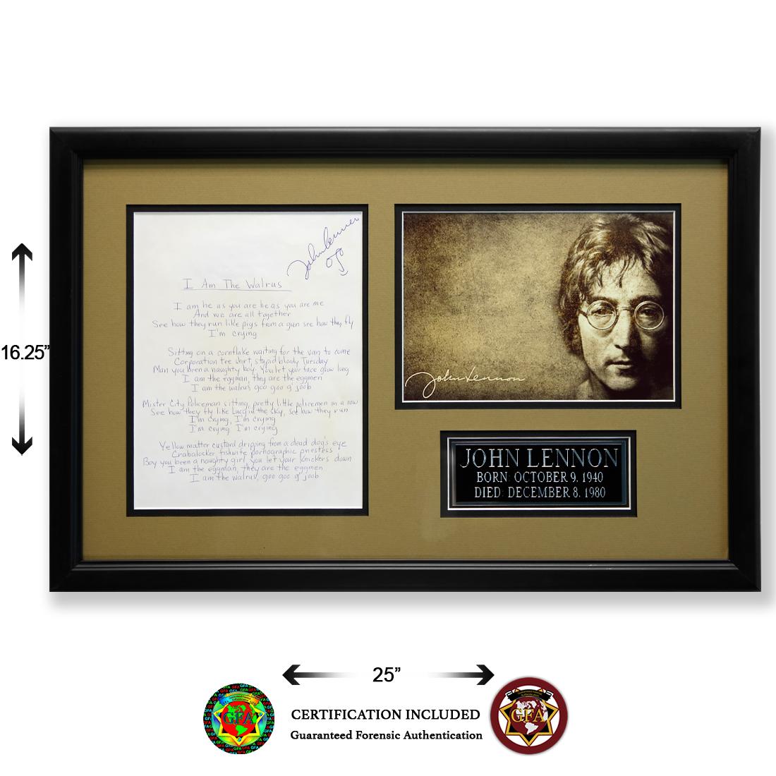 JOHN LENNON SIGNED LYRICS “I AM THE WALRUS”: JOHN LENNON SIGNED HANDWRITTEN LYRICS â€œI AM THE WALRUS”. John Lennon(October 9, 1940â€“December 8, 1980). Bold signature singed in Blue Ball Point Pen, top right with caricature below