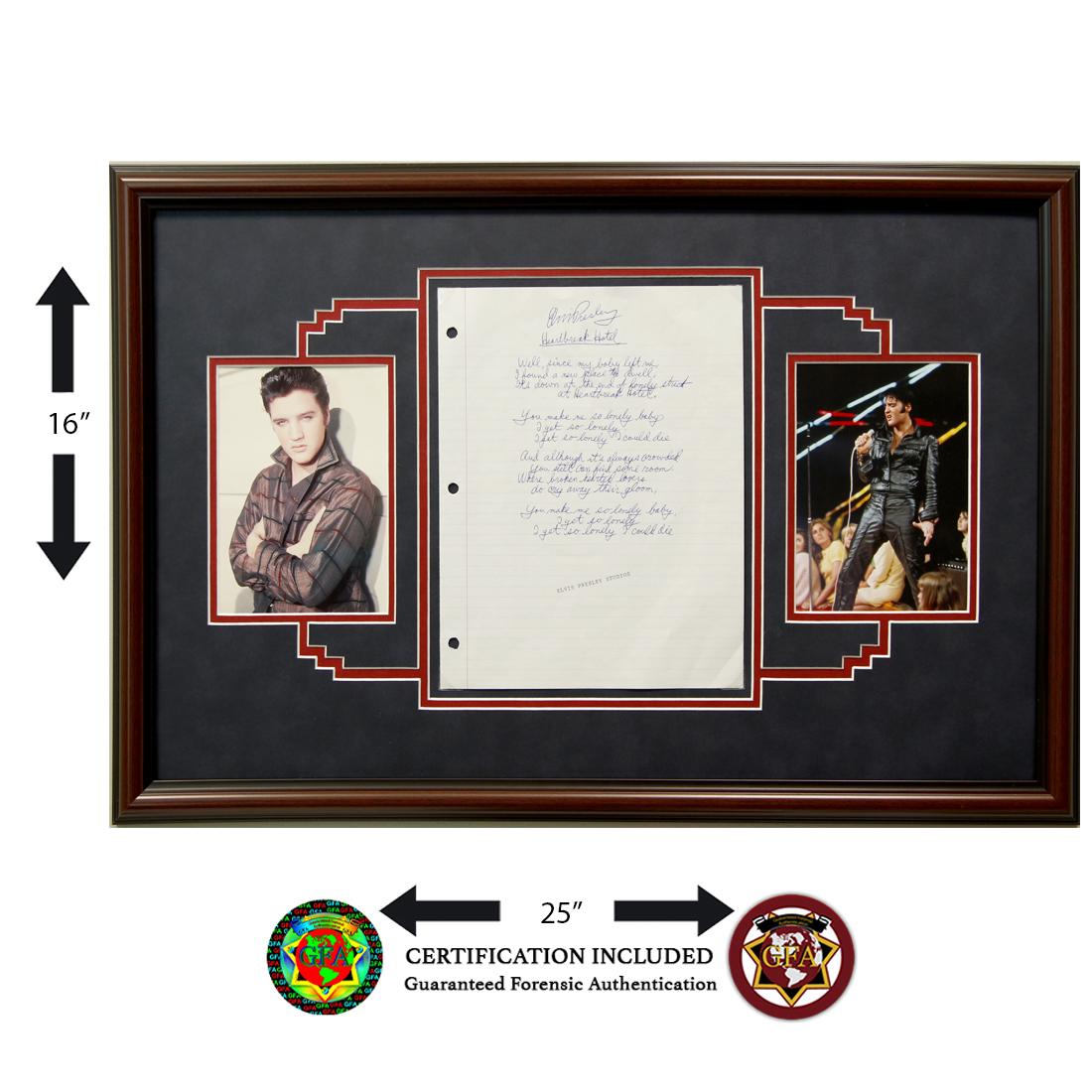 ELVIS PRESLEY SIGNED "HEARTBRAKE HOTEL" LYRICS: ELVIS PRESLEY SIGNED AND HANDWRITTEN LYRICS â€œHEARTBREAK HOTEL” Elvis Presley(January 8, 1935â€“August 16. 1977)Elvis Presley signed 8.5 x 11Lyric Sheet, â€œHeartbreak Hotel. &rdqu