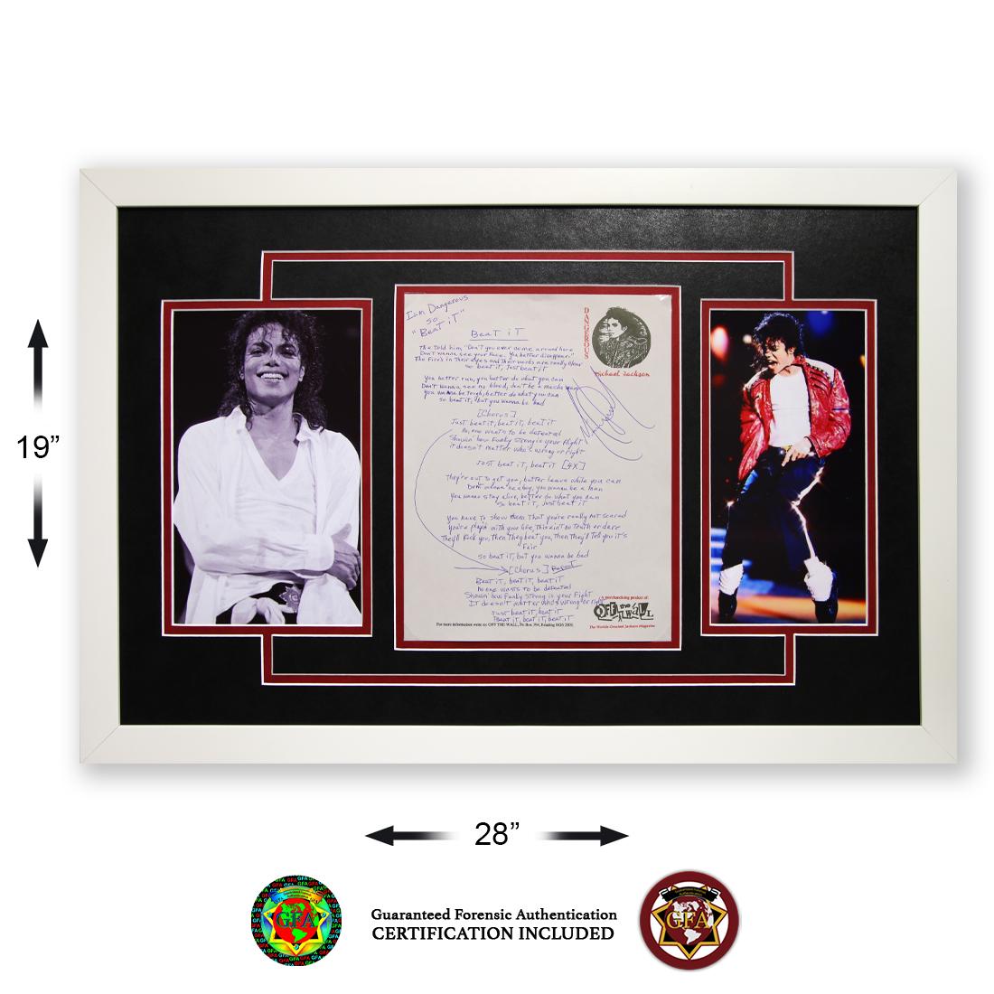 MICHAEL JACKSON SIGNED LYRIC SHEET, "BEAT IT": Michael Jackson (August 29, 1958â€“June 25, 2009).Michael Jackson signed Lyric Sheet, â€œBeat It.” Large Bold signature signed in Black Ink. Eddie Van Halen played the guitar solo on "B