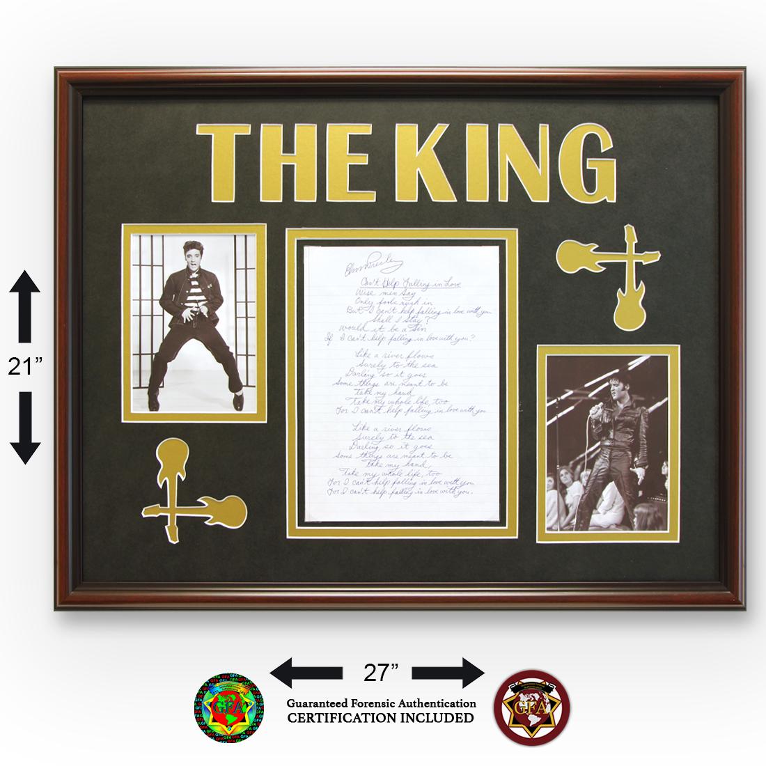 ELVIS SIGNED "CAN'T HELP FALLING IN LOVE" LYRICS: ELVIS PRESLEY SIGNED AND HANDWRITTEN LYRICS â€œCANâ€™T HELP FALLING IN LOVE” Elvis Presley(January 8, 1935â€“August 16. 1977)Elvis Preselysigned7.5x 10.5Lyric Sheet, â€œCanâ��