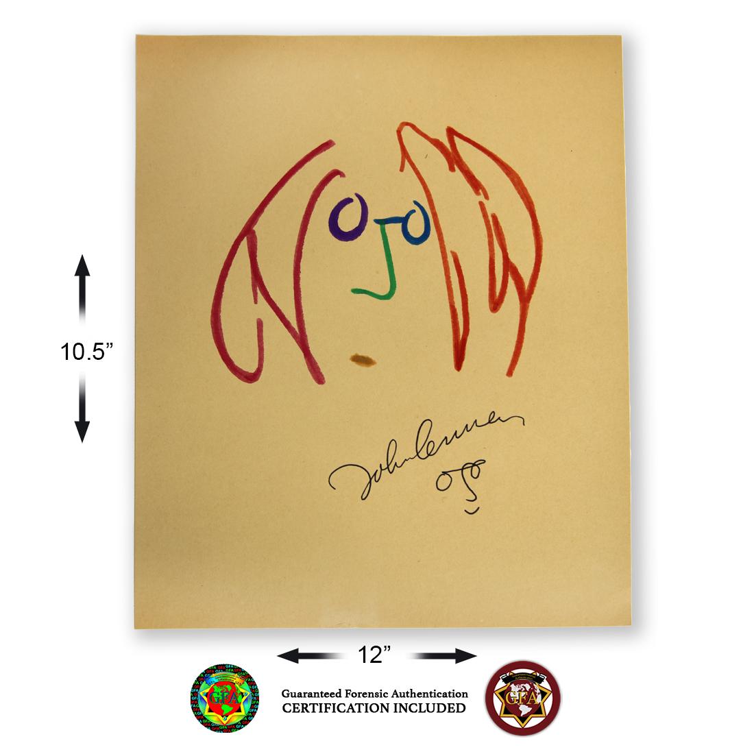 JOHN LENNON IMAGINE SKETCH: John Lennon(October 9, 1940â€“December 8, 1940).10.5 X 12.5 John Lennon signed Imagine Sketch. Signed Boldly in Black Ink Below Sketch with Caricature. Colorful red, purple, green and blue carica