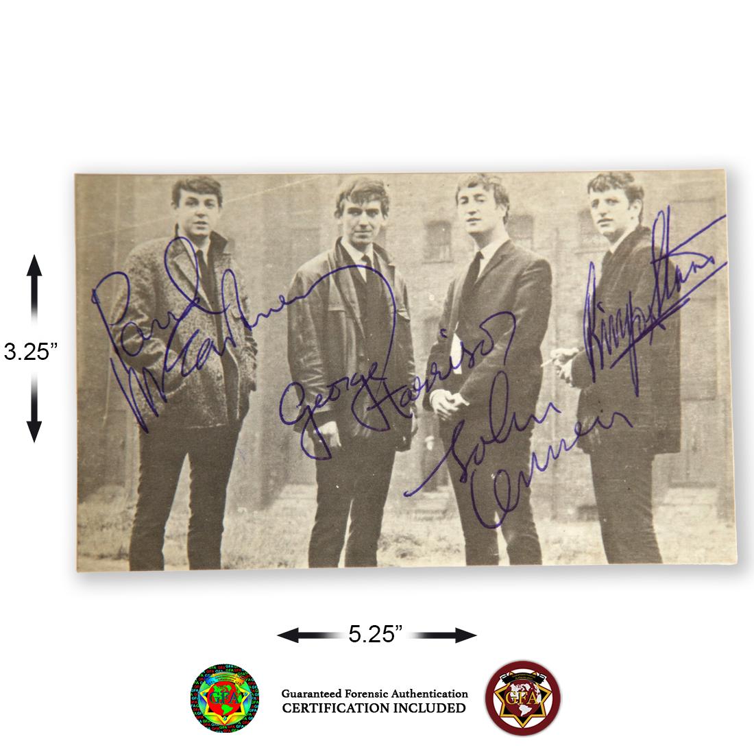 THE BEATLES SIGNED BLACK AND WHITE POSTCARD: The Beatles (1960-1970)signed3.25x 5.25Blackand White Photo Postcard of the Fab Four from 1963.John Lennon, Paul McCartney, George Harrison and Ringo Star reach has boldly signed across their image on