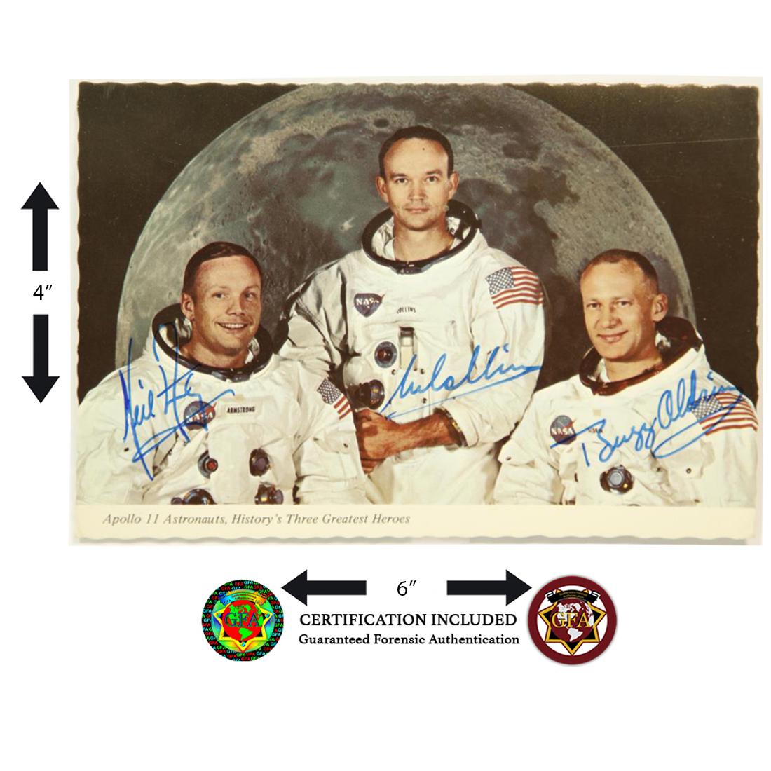 APOLLO XI CREW SIGNED PHOTOGRAPH: Neil Armstrong(August 5, 1930-August 25, 2012), Buzz Aldrin (January 20, 1930)and Michael Collins (October 31, 1930).Apollo XI Crew signed photograph. All three astronauts clear, crisp signatures are