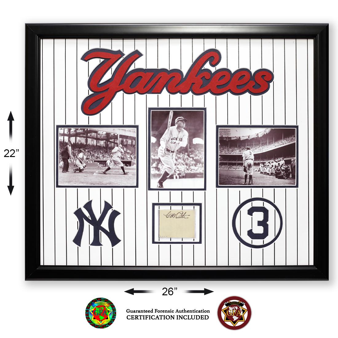 BABE RUTH SIGNED CUT: Babe Ruth(February 6, 1895â€“August 16, 1948)2.75 x 4.5Babe Ruth signed Cut. A very Bold signature across the cut, his black fountain pen ink is crisp and clear. Paper show signs of aging. Over t