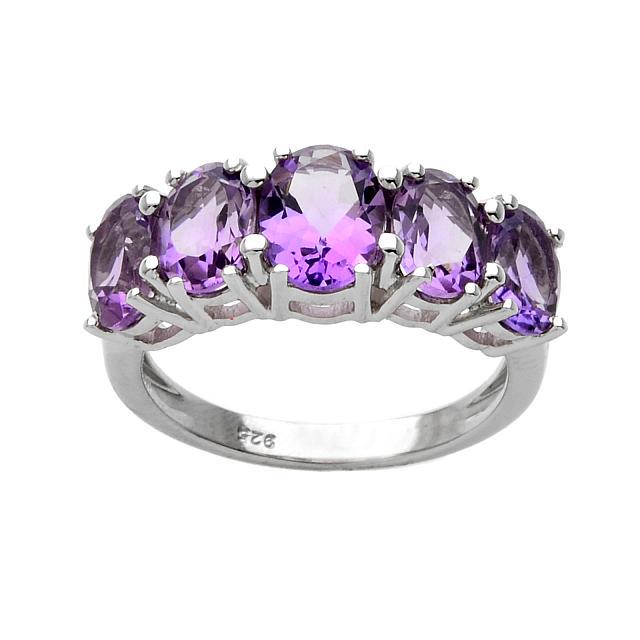 Silver 3.73ct Amethyst Five-Stone Band Ring-SZ 5: Metal: Sterling Silver Stone Information: One oval cut 8 x 6mm and four oval cut 7 x 5mm amethyst Setting Type: Prong Approximate Total Weight: Amethyst: 3.73ct Measurements: 5/16"L x 7/8"W x 3/16"H C