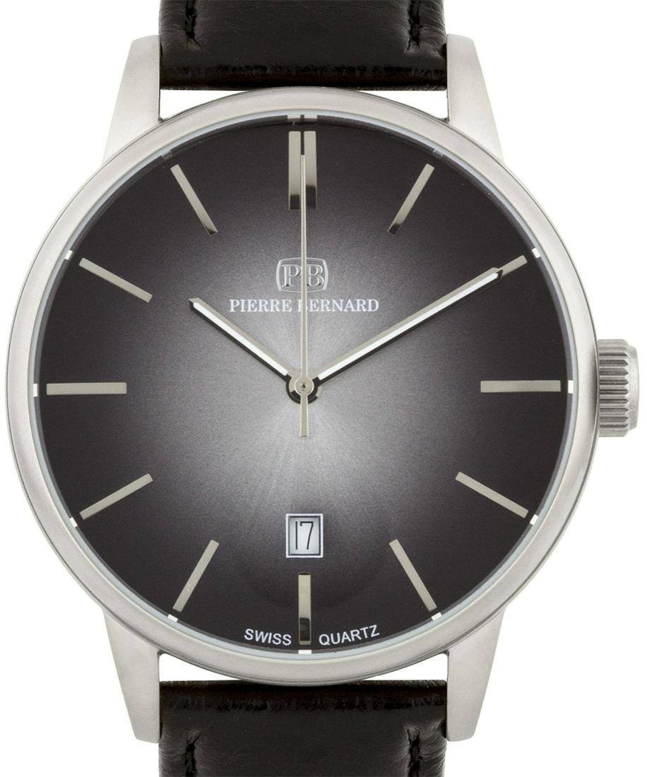 Pierre Bernad Black Leather 42mm Case Men's Watch: Main Features: Genuine Swiss Ronda 515 Movement , Classic Design, Visible Date WindowHands: Luminescent handsCase Shape: RoundMaterial: Stainless Steel, LeatherCase Thickness: 10mmStrap Width: 20mm St