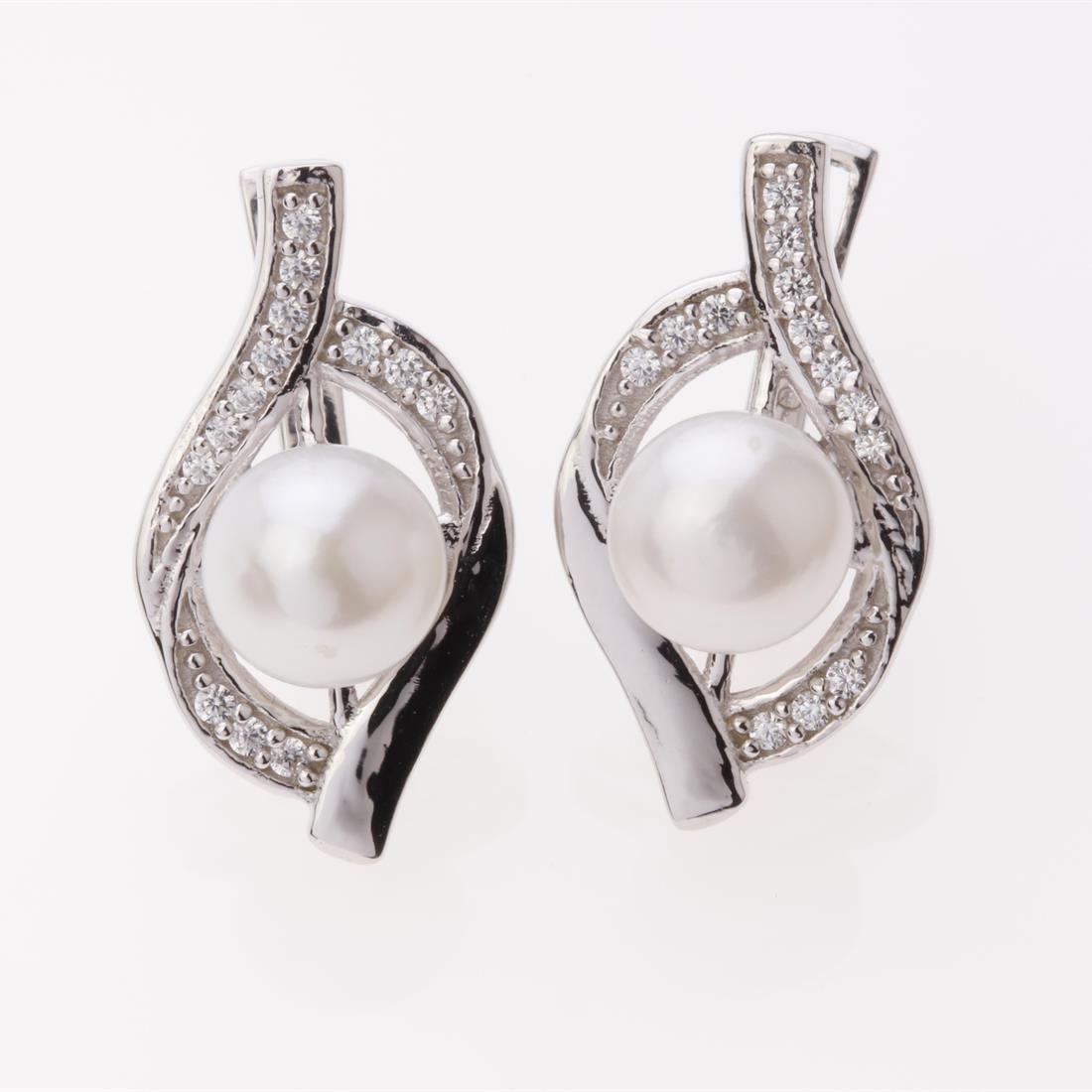 Sterling Silver Pearl & Zircon Latchback Earrings: Sterling Silver Pearl & Zircon Latchback Earrings .Metal: Sterling Silver .Stone: 7-8 Mm Rd White Pearl&White Zircon .Dimension: 21.5X11.7 Mm .Total Weight: 5.93 Grams .Finish: Rhodium .Backing: Latch