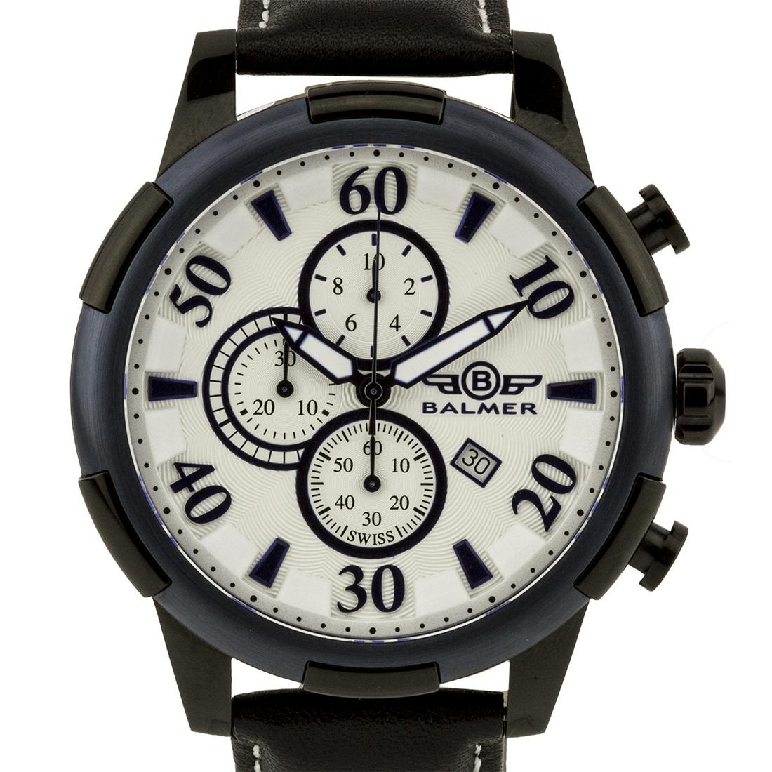 Balmer Mulsanne Mens Chronograph Watch: Balmer Mulsanne Mens Chronograph Watch - Black Leather Strap, White Dial