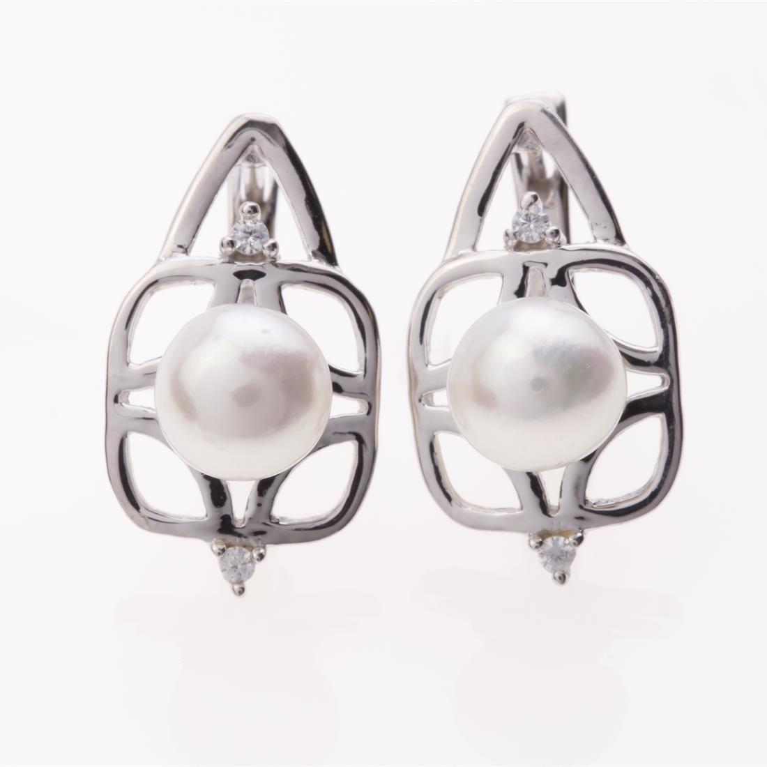 Sterling Silver White Pearl & Zircon Earrings: Sterling Silver White Pearl & Zircon Earrings .Metal: Sterling Silver .Stone: 8 Mm Rd White Pearl&Zircon .Dimension: 21X11.7.2Mm .Total Weight: 5.4 Grams .Finish: Rhodium .Backing: French Clip