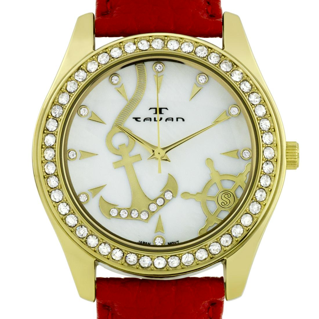 Tavan 39mm Case Swarovski Crystal Bezel Watch: Classic signs decorate these watches, embellished with Swarovski crystals and secured by genuine leather straps. Hands: Stick Caseback Type: Snap.down Strap Color: Red Type: Analog, Casual, Fashion Ca