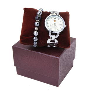 Louis Richard Watch-Silver & Bead Stretch Bracelet: Set of Louis Richard Felina Watch-Silver & Bead Stretch Bracelet • Stone: Hematite/Black Agate/Bead • Width: 12.5 mm • Total Weight: 38.1 grams • Finish: Rhodium