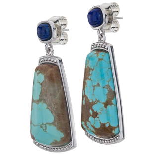 Silver Turquoise & Lapis Textured Drop Earrings: 925 Sterling Silver Gorgeous shades of blue! Pangea Mines beautifully crafts smartly styled drop earrings in gleaming rhodium over sterling silver and adorns them with genuine turquoise and lapis