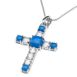 Silver Ceruleite Topaz Cross Pendant w/chain: Beautiful rare cerulean blue ceruleite cabochons punctuate the center of the cross and the ends of the arms and post. Shimmering White topaz gemstones adorn the spaces in between. Keep your faith