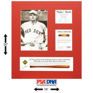 Babe Ruth Red Sox Actual Game Used Bat pc. PSA/DNA: Babe Ruth (February 6, 1895 – August 16, 1948). 1 x 1 Cut of an actual piece of Babe Ruth’s Game Used Bat. Matted with a 6 ½ x 10 Black and White Photograph of Babe Ruth in a Red
