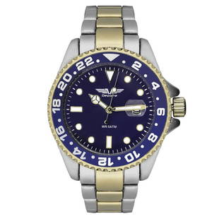 Deporte Pacific Men's Diver 42 mm Diameter Watch: Main Features: Two Tone Silver And Gold Bracelet, Blue Dial, Gold Tone Case, Blue Bezel Luminous White Indices Date Magnification LensHands: Luminous WhiteCase Shape: RoundMaterial: Ion Plated Metal,