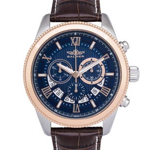 Balmer E-Type Chronograph Mens Watch: Balmer E-Type Chronograph Mens Watch - Navy Dial, Brown Croco Leather • Multi Layer Dial with Roman Numeral and Rectangular Indicies, 180 Degree Open Date Window, Concave Minute Marker