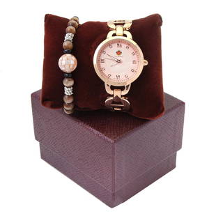 Louis Richard Watch-Rose Gold & Stretch Bracelet: Set of Louis Richard Felina Watch-Rose Gold & Bead Stretch Bracelet • Stone: Pink MOP Mosaic&Cat's Eye • Width: 14 mm • Total Weight: 16 grams • Finish: Rhodium