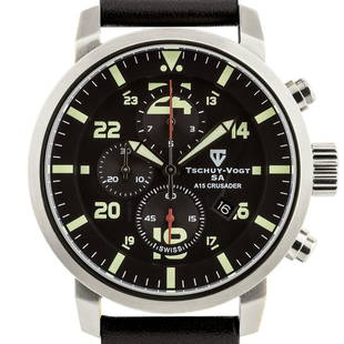 Tschuy-Vogt Crusader 46mm Case Swiss Chrono Watch: Matte Finished dial, Military time aribic number, Chornograph, calander day, Luminesent dial and markersStainless steel, screwdown, screw down, 10ATMGenuine leather Strap, stainless steel buckle,