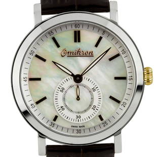 Omikron Harrier Mens Vintage Style 43mm Case Watch: Main Features: Black Mother Of Pearl Dial, Vintage Design , All Stainless Steel CaseHands:Luminescent HandsCase Shape: RoundMaterial: Stainless Steel, LeatherCase Thickness: 9mmStrap Width: