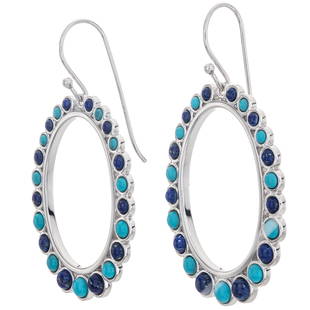 Sterling Silver Turquoise and Lapis Hoop Earrings: 925 Sterling Silver Fabulous, fun and wonderfully colorful, Pangea Mines front facing hoop earrings make a lovely addition to any collection. Beautifully crafted in gleaming rhodium over sterling