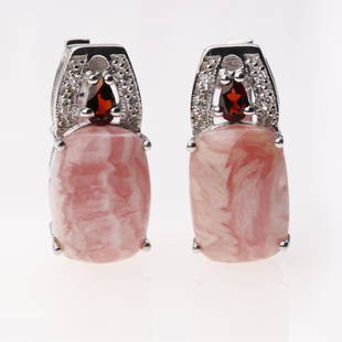 Rhodochrosite & Garnet Sterling Silver Earrings: Rhodochrosite & Garnet Sterling Silver Earrings .Metal: Sterling Silver .Stone: 14X10Mm Cushion Rhdochrosite & Garnet&White Zircon .Dimension: 21.8X10 Mm .Appx Weight: 8.97 Grams .Finish: Rhodium