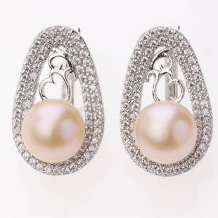Ivory Pearl & Pave Zircon Sterling Slv Earrings: Ivory Pearl & Pave Zircon Sterling Slv Earrings .Metal: Sterling Silver .Stone: 10 Mm Rd Ivory Pearl&White Zircon .Dimension: 22.9X14.26 Mm .Total Weight: 9.33 Grams .Finish: Rhodium .Backing: French