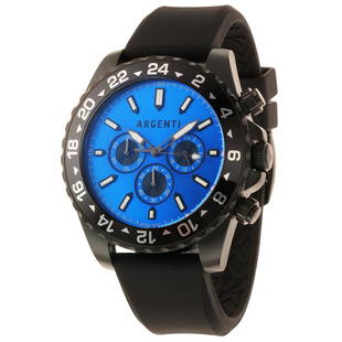 Argenti Mens Santero Chronograph Black Watch: Argenti Mens Santero Chronograph Black Silicon Strap/Blue-Black Dial Black Case. The Argenti Santero features a robust Japanese chronograph movement.