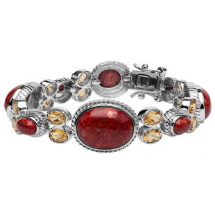 Sterling Silver Red Coral & Citrine Bracelet 7.5": Pangea Mines Treasured Gems Collection Genuine citrine & coral gemstones adorn this lovely design from the Pangea Mines Treasured Gems Collection. Crafted in gleaming rhodium over sterling silver