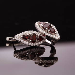 Sterling Silver Garnet & Zircon Latchback Earrings: Sterling Silver Garnet & Zircon Latchback Earrings • Metal: Sterling Silver • Stone: Garnet & White Zircon • Dimensions: 20.9X9.52Mm • Total Weight: 6.3 Grs • Backing: