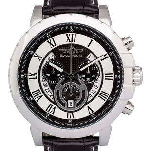 Balmer Swiss Chronograph Atalante Mens Watch: Balmer Swiss Chronograph Atalante Mens Watch - Black Leather Strap, Silver Case, Silver/Black Dial • Bevel Edged Outer Ring With Graduated Minute Markers, Roman Numeral Indicies and Open Date