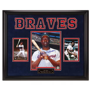 Hank Aaron Atlanta Braves Custom Frame Signed GFA: Hank Aaron's most notable achievement was breaking the career home run record set by Babe Ruth. During his career, Aaron performed at a consistently high level for an extended period of time. He hit