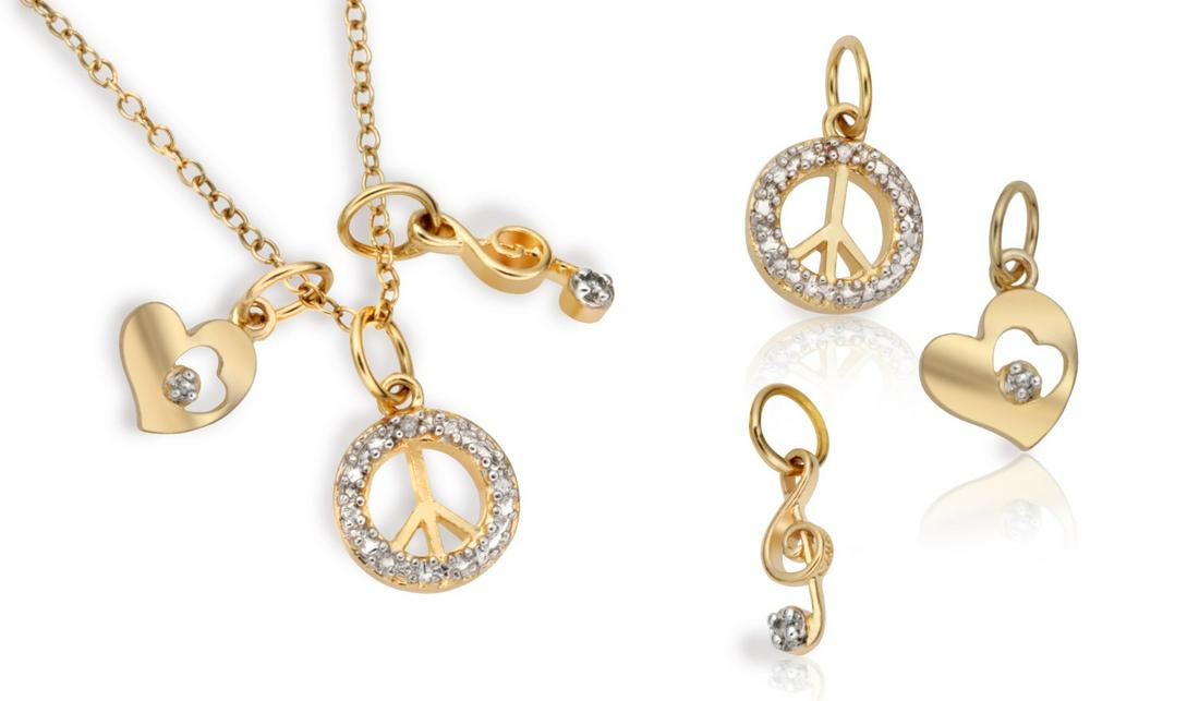 14K Gold embraced Delicate Charm Necklace: Metal: 14K gold over sterling silver Charm Includes: peace , heart & harmony Pendant: 18mm L x 10mm W x 1.6mm H Chain: 18" L