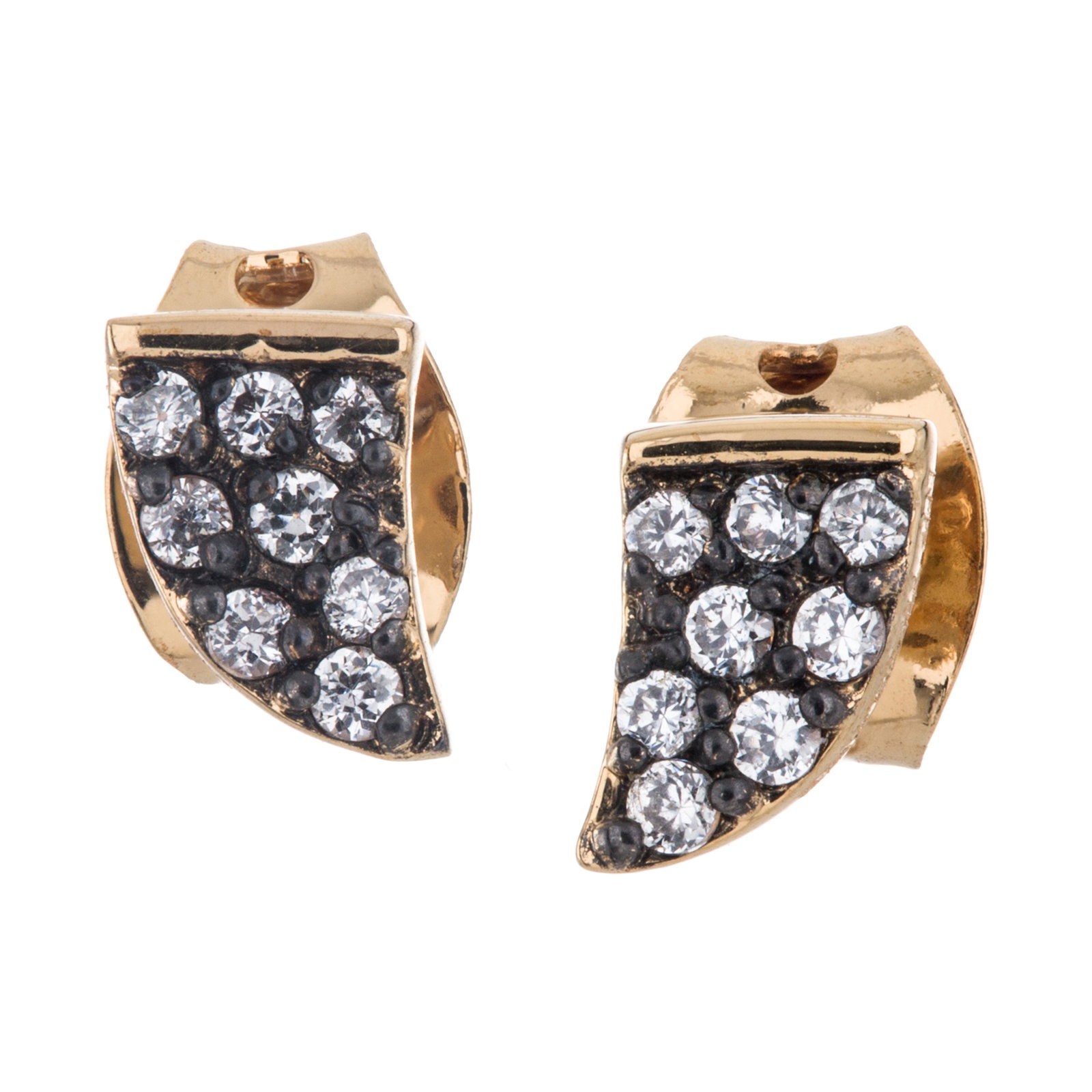 14K Plate Simulated Diamond Pave Tusk Stud Earring: • Sparkling cubic zirconia • Setting: Prong • Measurement: 0.25 In. X 0.19 In. X 0.06 In. • Comfortable butterfly clasp • Gold tone over brass • Disclaimer: Gemston