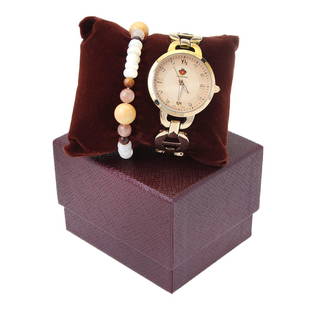 Louis Richard Watch-Gold & Bead Stretch Bracelet: Set of Louis Richard Felina Watch-Gold & Bead Stretch Bracelet • Stone: MoonStone& White MOP&Tiger Eye's&QTZ • Width: 12 mm • Total Weight: 21.4 grams • Finish: Rhodium