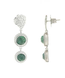 Silver Emerald Corundum Hammered Drop Earrings: These delightfully feminine dangle earrings from the Pangea Mines Stormy Nights Collection are crafted in hammered anti-tarnish rhodium over sterling silver and adorned with genuine emerald corundum