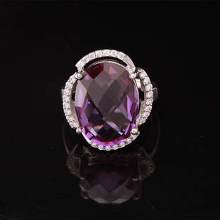 Sz 5.25 Sterling Slv Syn Alexandrite Zircon Ring: Sz 5.25 Sterling Slv Syn Alexandrite Zircon Ring • Metal: Sterling Silver • Stone: (1)16X12Mm-Syn Alexandrite & White Zircon • Width: 19.5 Mm • Total Weight: 5.85 Grs •