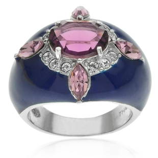 Sterling Silver Enamel Dome w/ Swarovski Ring-SZ 7: Sterling Silver Enamel Dome w/ Swarovski Ring-SZ 7 • Metal: Sterling Silver • Stone: Crystal • Width: 19.2 mm • Total Weight: 11.4 grs • Finish: Rhodium