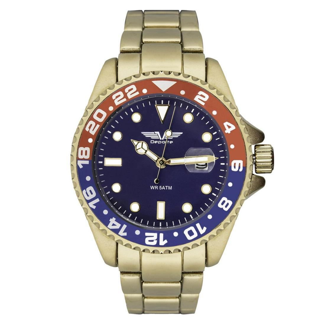 Deporte Pacific Mens Diver Style Blue Dial Gold Bracelet Watch: Main Features: Chronograph Blue Dial, Gold Tone Gold Tone Bracelet Men's WatchHands:Rose Gold & White HandsCase Shape: RoundMaterial: Ion Plated Metal, Stainless SteelCase Thickness: 13mmStrap Width: