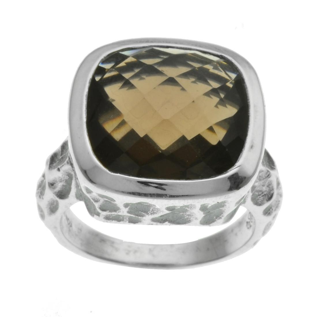 Silver Checkerboard Cut Smoky Quartz Ring-SZ 6: Metal: Rhodium over sterling silver with oxidized accents Stone Information: One cushion shaped checkerboard cut 14mmsmoky quartz Setting Type: Bezel Approximate Total Weight: 6.88ctw Measurements: 5/