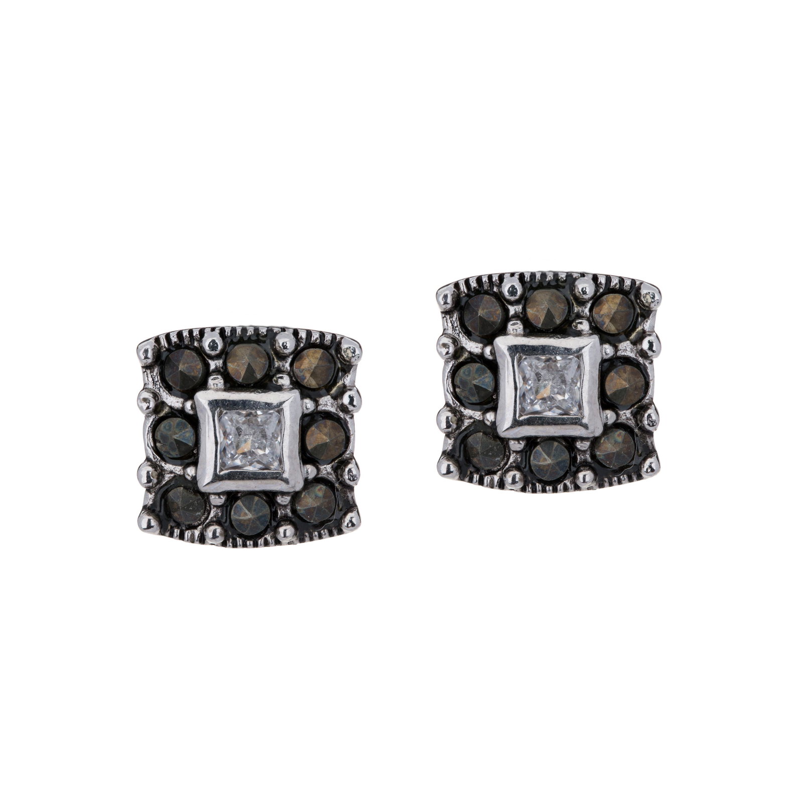 Silver Tone Marcasite Square Stud Earrings: • Genuine marcasite • Square design stud • Butterfly backings for comfortable fit • Gleaming rhodium over brass