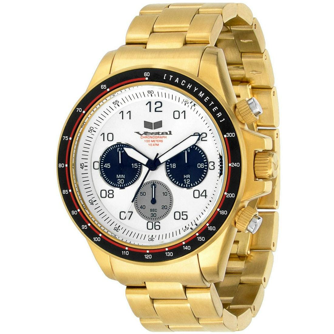 Vestal 43mm Brushed Gold/White Watch: Inspired by its sibling, the ZR-2 is everything the ZR-3 has to offer while captured in a smaller 43mm case. The ZR-2 is a mid-sized premium round chronograph. Its stainless steel case construction in
