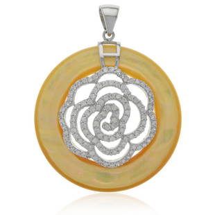 Sterling Mother of Pearl Flower Motif Pendant: Sterling Mother of Pearl Flower Motif Pendant • Stone: Yellow MOP & White CZ • Dimensions: 50.2X40.2 mm • Total Weight: 14 grams • Finish: Rhodium